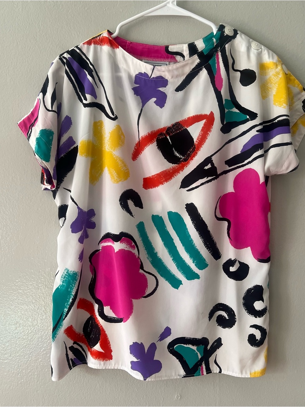 Abstract Brushstroke Floral Short Sleeve Blouse - White with Pink, Teal & Yellow